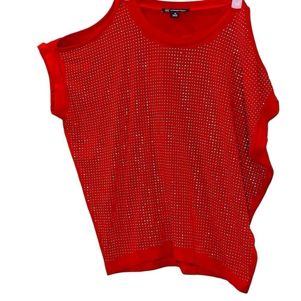 INC International Concepts Studded Dolman Cold Shoulder Top Red Silver Size XS